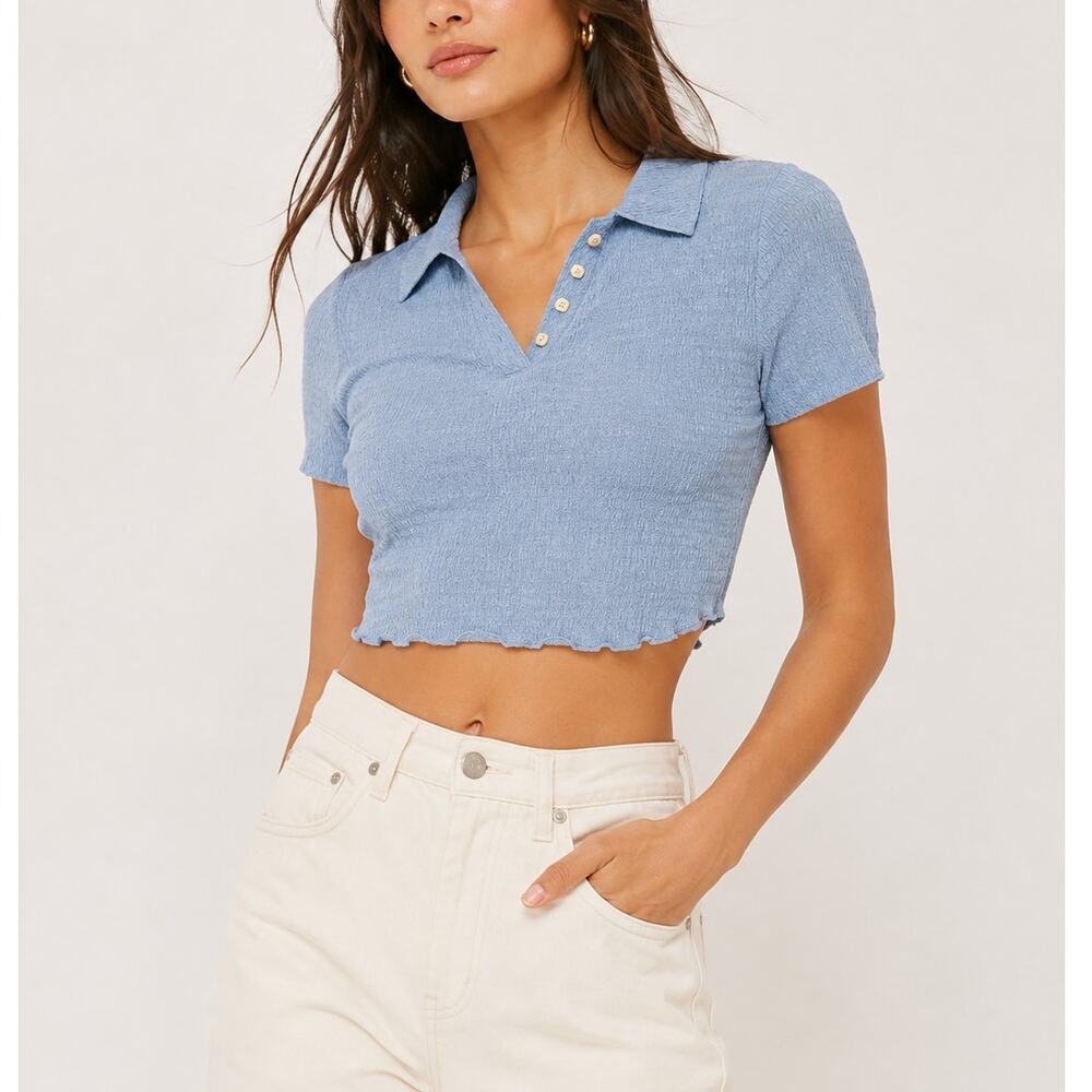 MADEWELL Crinkle Polo Crop Tee Tranquil Lake Blue Small EUC Sold Out
